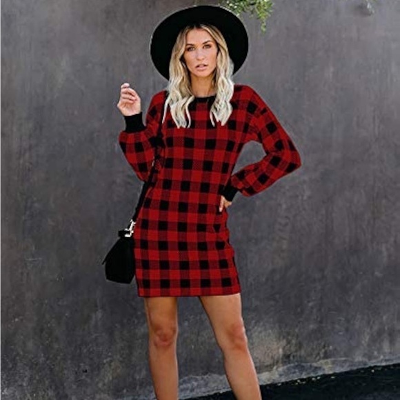 Red & Black Plaid Long Sleeve Crew Neck Shirt Shift Dress Extra Large - Picture 7 of 7